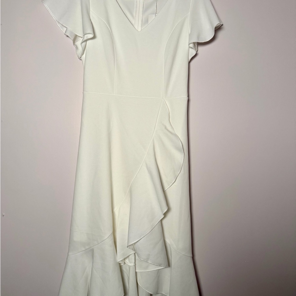 White Ruffle Midi Dress, Flutter Sleeves V-Neck size Small NWT